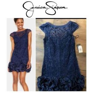 Jessica Simpson Women’s Navy Blue Floral lace Sleeveless Dress Sheath he…